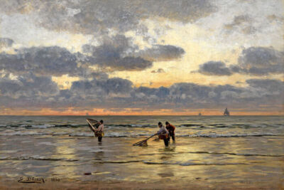 FISHING AT DAWN OCEAN BEACH 1900 ART PAINTING BY EUGEN GUSTAV DUCKER REPRO