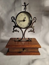 Vintage Brass Cherub Mantel Clock Wood Base with Drawer Made in Italy 