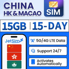 China HK & Macao SIM Card -15GB High-Speed, 15 Day JetSim/Travel SIM