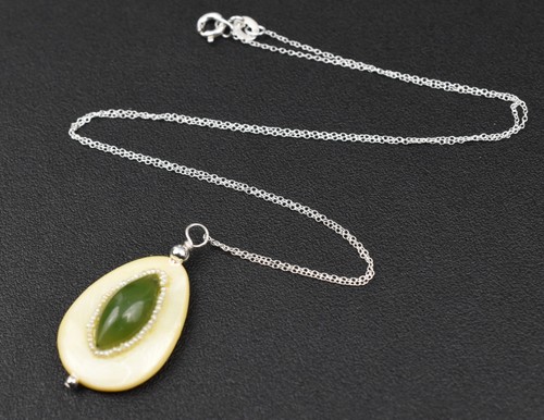 Sterling Pear MOP & Marquise Jade w/Oriental Pearl Pendant 18" Chain 1.4g – Chic - Picture 15 of 15