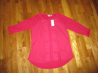 NWT CHICO'S Raspberry Pink Embroidered Emmie 3/4 Sleeves Tunic Size 1 $65