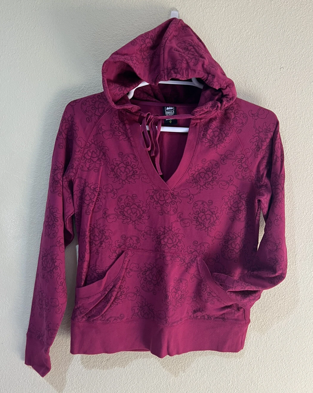 REI Womens Sz M Printed Magenta Outdoor Long Sleeve Hoodie Sweater Pockets W1