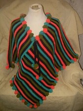 VTG Handmade Crochet Knit POM POM Poncho Hippie Boho V NECK
