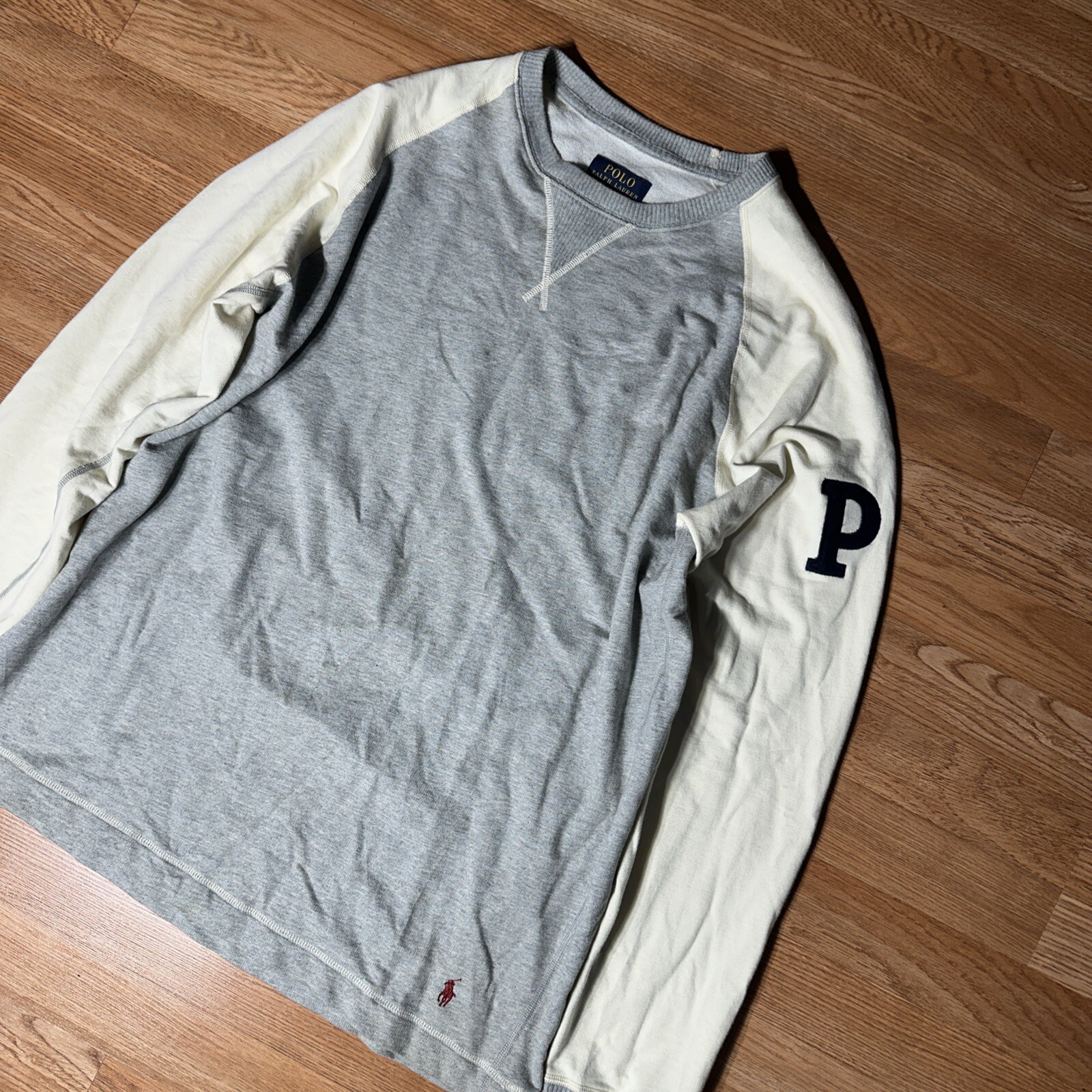 Polo Ralph Lauren camicia uomo grande manica lunga raglan panna grigio pony logo Y2K