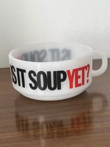 Vintage Glasbake Milk Glass Soup Bowl "Is It Soup Yet" Cup With Handle J-2711