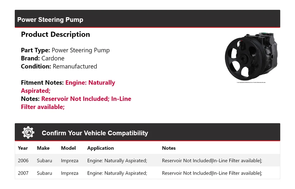 Bomba de direção hidráulica naturalmente aspirada Cardone Subaru Impreza 2006-2007 - Imagem 2 de 4