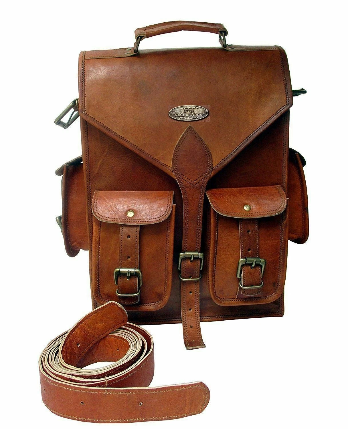 15" Men's Real Leather Large Backpack Laptop Bag Large Hiking Travel Rucksack