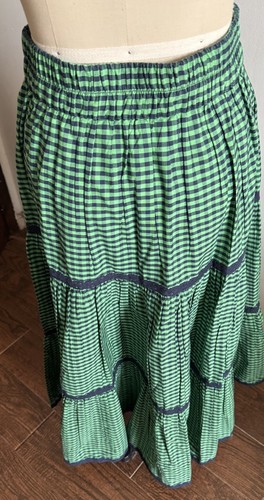 NWT Anthropologie Skirt Maxi Navy, Green Gingham Tiered Size 8 Lace Trim Cotton - Picture 5 of 8