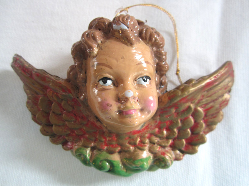 Vintage 5" Cherub Angel Head w Wings Plastic Blown Mold Christmas Ornament