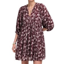 Madewell Splitneck Puff Sleeve Floral Mini Dress Size XXS NWT Fig Babydoll Boho