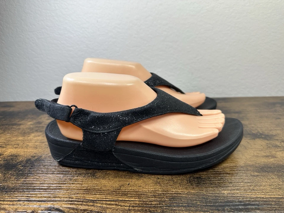 FitFlop Sandals Women's Comfortable Lulu Leather Thong Black Shimmering Size 9 - Image 3 of 4