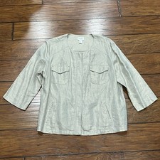 Chicos Jacket Womens 3 XL Beige Gold Shine 100 Linen 3/4 Sleeve Full Zip