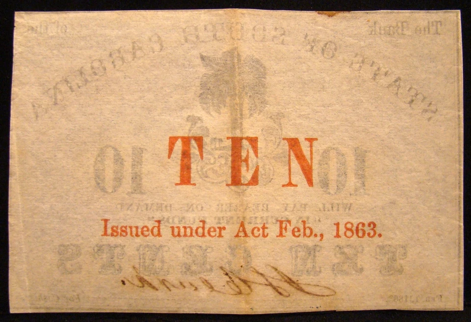 NICE 1863 DATED STATE OF SOUTH CAROLINA $.10 CENTS BANKNOTE-CONFEDERATE CURRENCY - Image 2 of 2