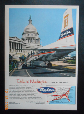 1957 Delta Airlines DC-7 Air Lines route map Washington D.C. Capital Building