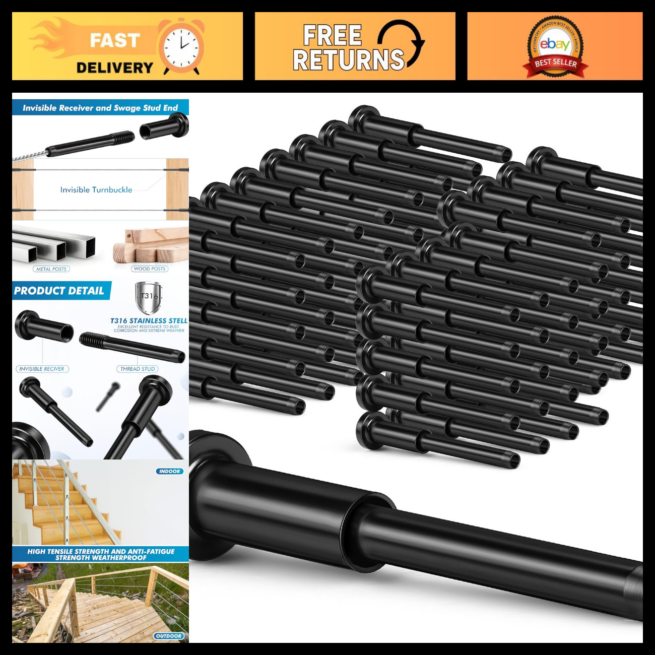 120 Pack Stainless Steel Cable Railing Hardware Kit T316 - 1/8" Black Fittings