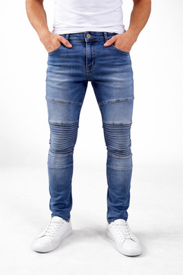 Herren Hellblau Slim Fit Stretch Denim Biker Jeans Zip Fly Ripped 30-38