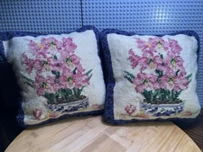 Floral Needlepoint Throw Pillows Set Of 2 Velvet Backed Cottage Core Grandma 