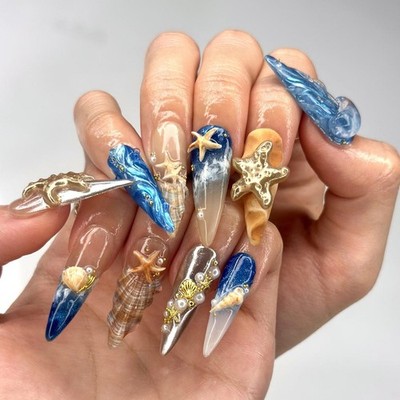 Handmade 3D Ocean Wave Starfish Seashell Pearl Long Stiletto Press on Nails