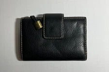 Guang Tong Black Genuine Leather Mini Wallet Bifold Snap Closure Coin Pocket