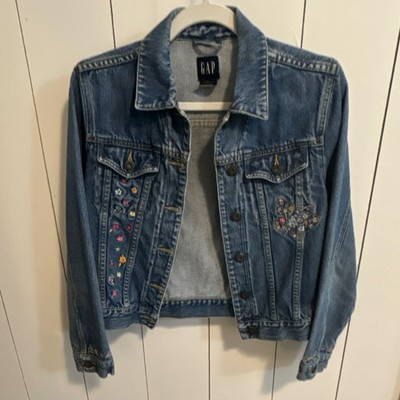 Vintage Gap Embroidered Butterfly Floral Denim Girl s Jean Jacket XL (12) Blue