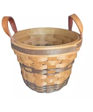 VTG Mapletree Basket Hand Woven  Leather Handles Artist Signed Farmhouse Cottage