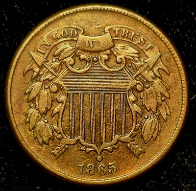 1865 2 Cent Piece Bold XF-AU Features, Hard To Find  ''We'', First Coin With Motto