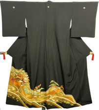 Japanese Vintage Kimono Tomesode Polyester Black Cart Family crest Height 61.8in
