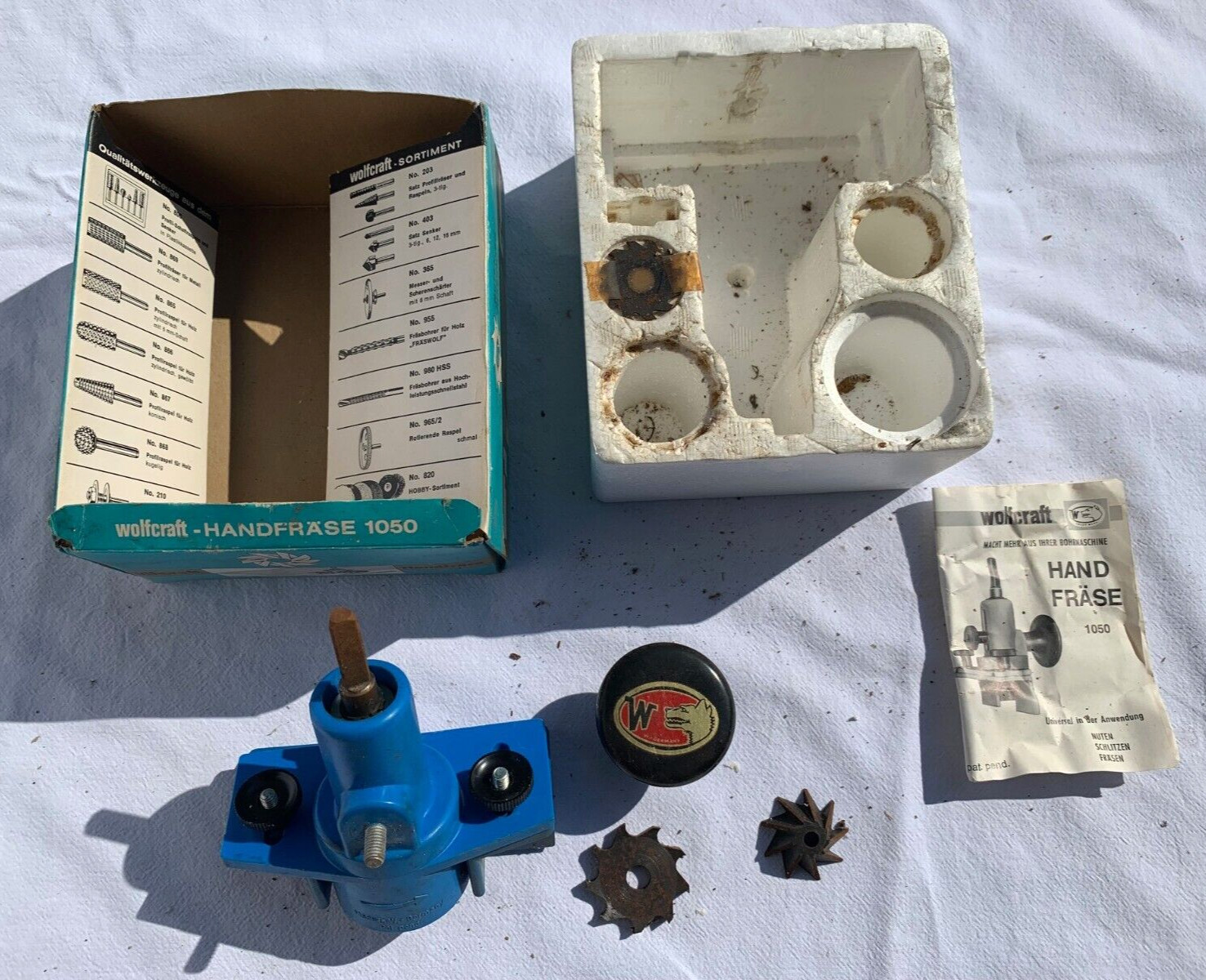 WOLFCRAFT HANDFRASE 1050 Hand Mill BOXED 1960's Drill Attachment Tool & CUTTERS