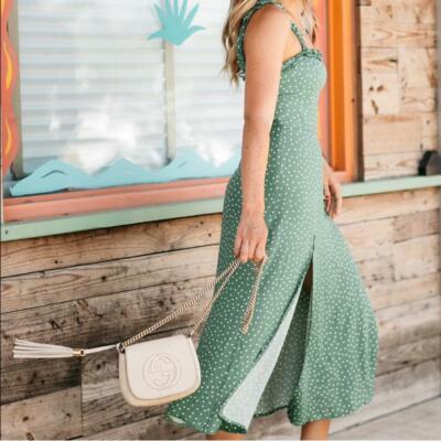 REFORMATION Green Polka Dot ARIELLE Ruffle Smocked Back Side Slit Midi Dress  8 M | eBay