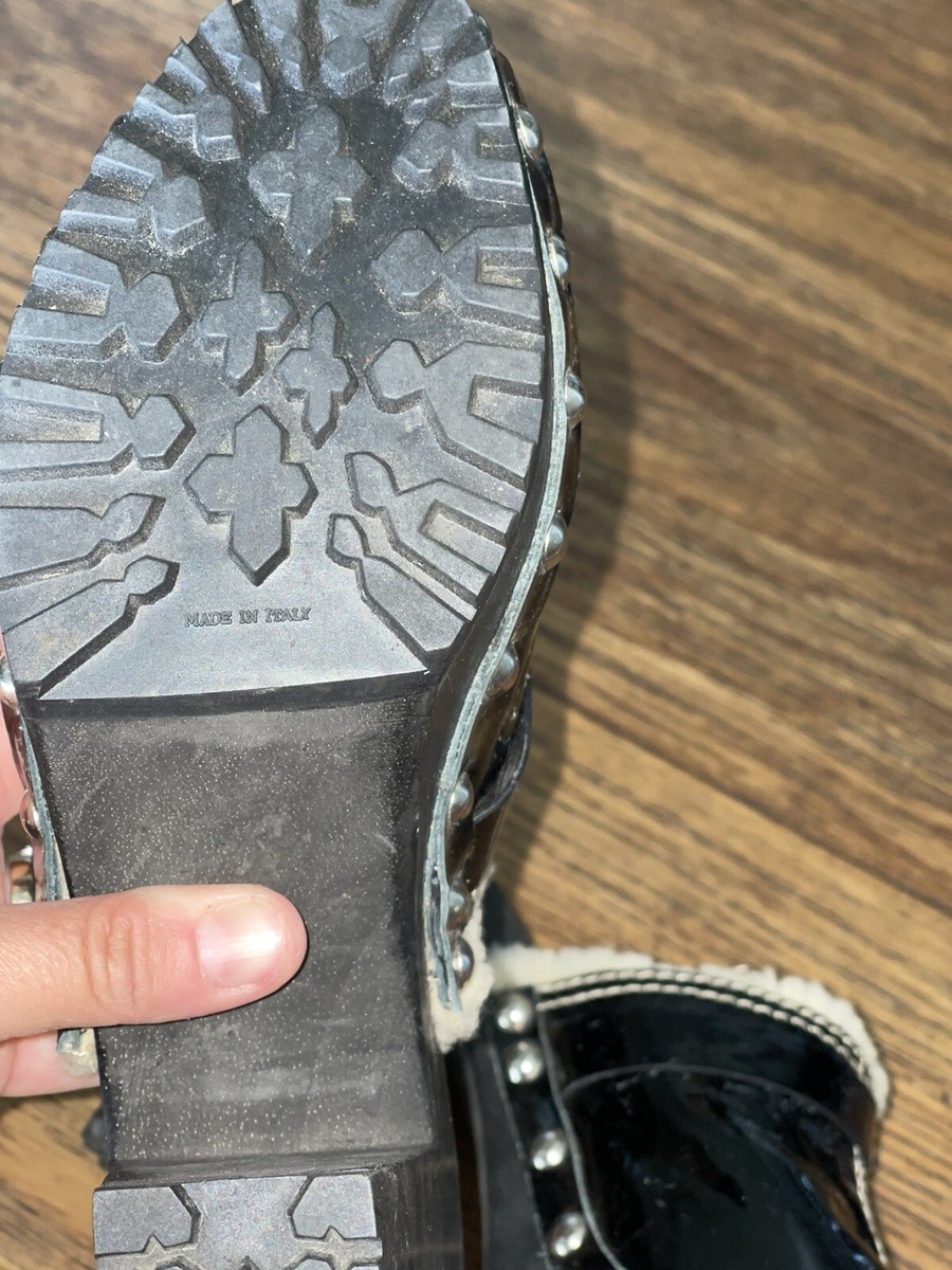 MIU MIU Black Patent Block Heel Silver Studs Buckle Clogs