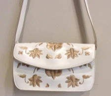 Adriane Vittadini White Genuine Leather  All Over  Tan Flower Embroidery Sh. Bag