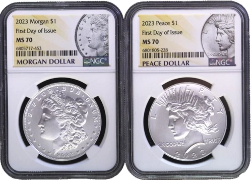 2023 Morgan & Peace Silver Dollar $1 Set - First Day of Issue - NGC MS 70