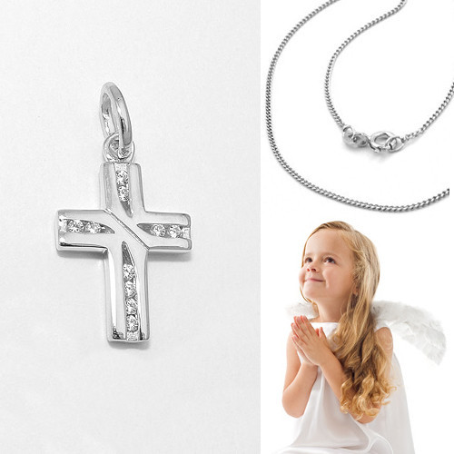 Kinder Kreuz AnhäNger Zirkonia Taufkette - Kommunion Echt Silber 925 Mit Kette-image