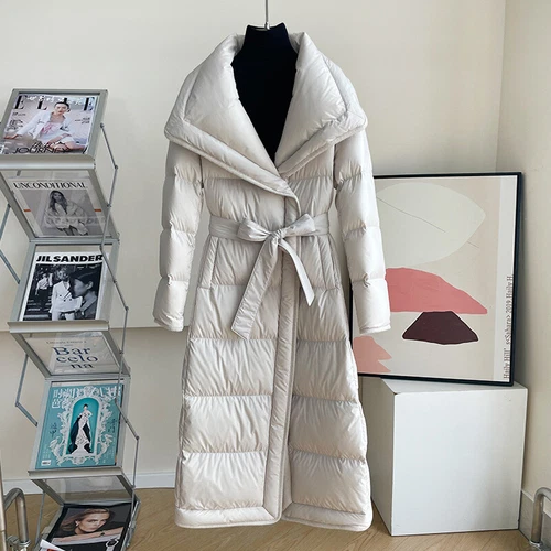 OFF WHITE Piumino d'oca bianco 90% mezza lunghezza giacca stringata invernale donna sopra il ginocchio