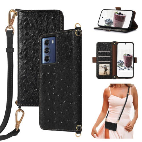 Genuine Leather Ostrich Wallet Bag Case Strap Bling for Motorola Edge 40/30/G St - Picture 1 of 13