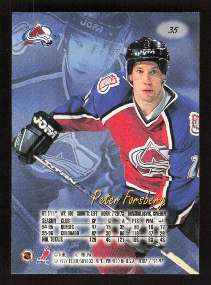 1996 Fleer Ultra  #35 Peter Forsberg Colorado Avalanche - Image 2 of 2