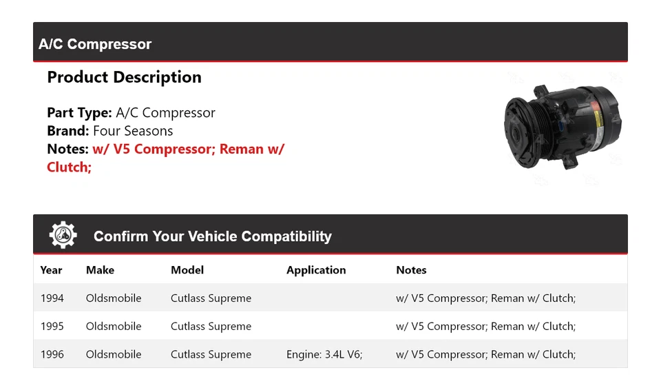 Compresor de aire acondicionado Oldsmobile Cutlass Supreme 1994-1996 4 estaciones 1995 Foto 2 de 4