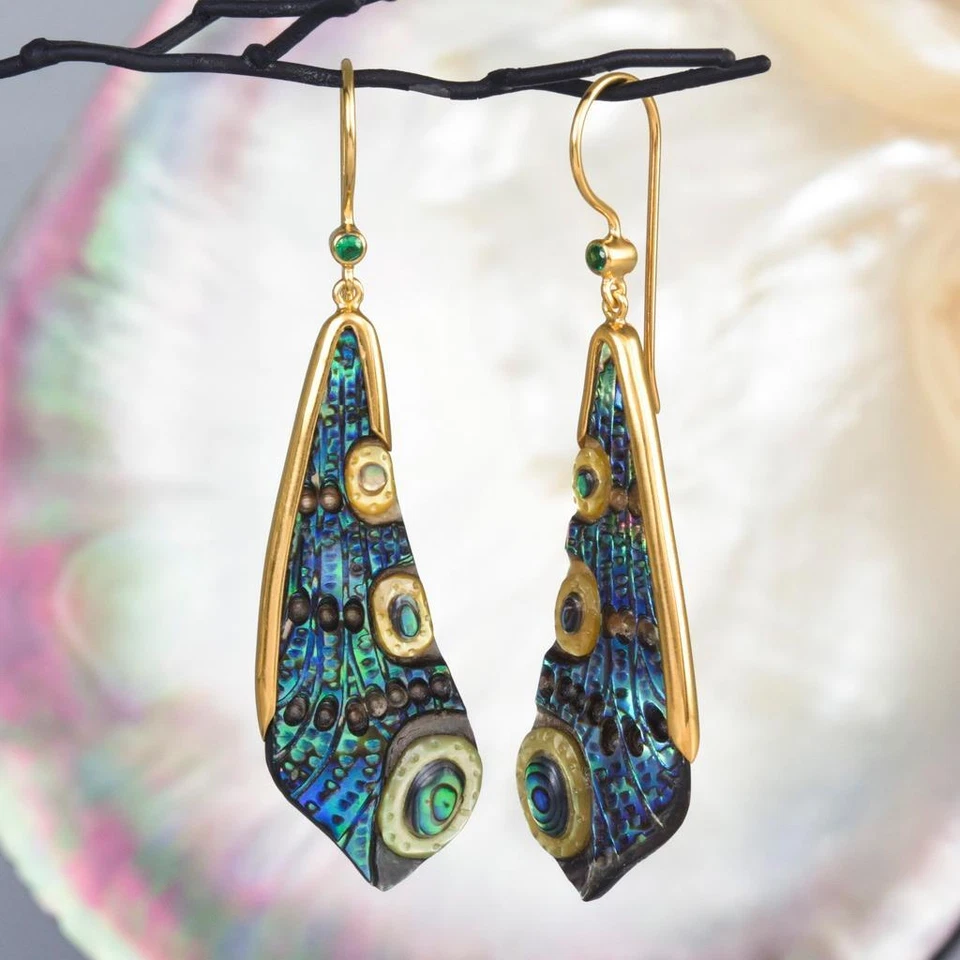 Dragonfly Wing Earrings Abalone Carving Gold Vermeil Sterling Emerald 6,09 g - Image 2 of 4