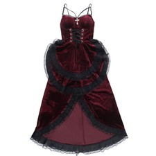 Sexy Donna Rétro Velluto Midi Abito Bretelle Sottili Gotico Pizzo Increspato Da