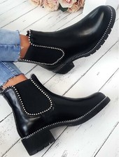 LADIES WOMENS LOW BLOCK CHUNKY HEEL SOLE CHELSEA STUDDED ANKLE SHOES BOOTS SIZE