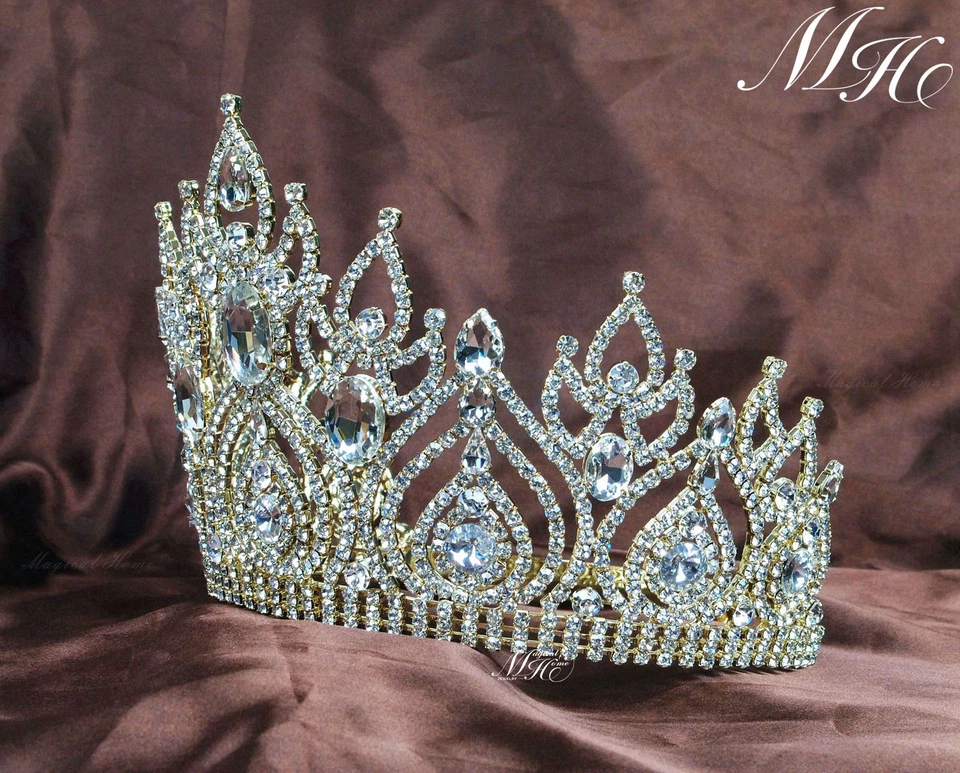 Magnífica Tiara Novia Boda Desfile Corona Dorada Estrás Accesorios para el Cabello Foto 2 de 4