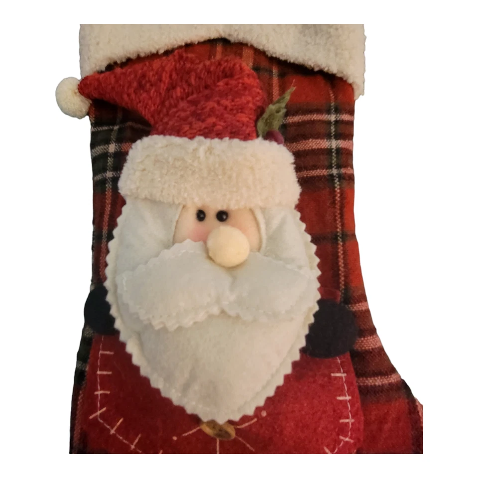 Santa Red & Black Plaid Christmas Stocking 18" Holly Button Homespun Fleece - Image 3 of 4