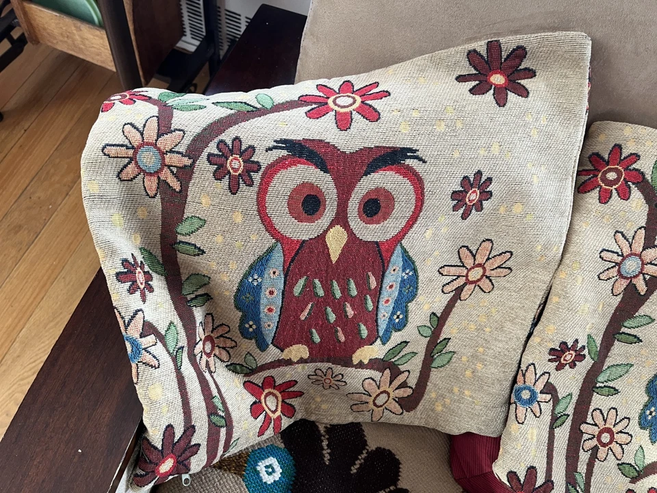 VTG Owl Bohemian Accent Pillow Shams Set 2 Multi Midcentury Modern Flower Power - Image 2 of 4