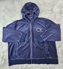 Calvin Klein Velour Zip Up Hoodie Women's Size 3X Blue Logo Rhinestone Logo