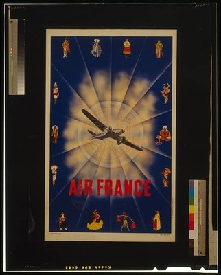 Courbevoie France Air France Poster Airplane in Flight Traditional Dress 1940s