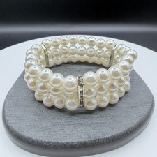 Three Strand Faux Pearl Rhinestone Stretch Bracelet Cuff Cream Statement Jewelry