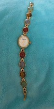 Vtg Scarab Bracelet Watch/Band of Carved Gemstone Beetles