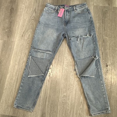 Edikted Jeans Women's Size XL Blue High Rise Distressed Straight NWT