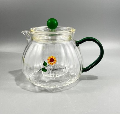Yama Glass Clear Floral Teapot w/ Infuser Green Handle
