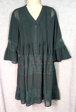 Chiffon Lace Midi Dress L Under Slip Forest Green Bishop Sleeves Woodland Fairy